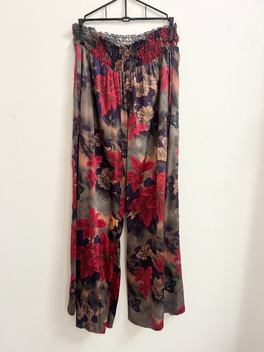 Johnny Was Claret Rachel Silk Blend Floral Wide Leg Pants Smocked M